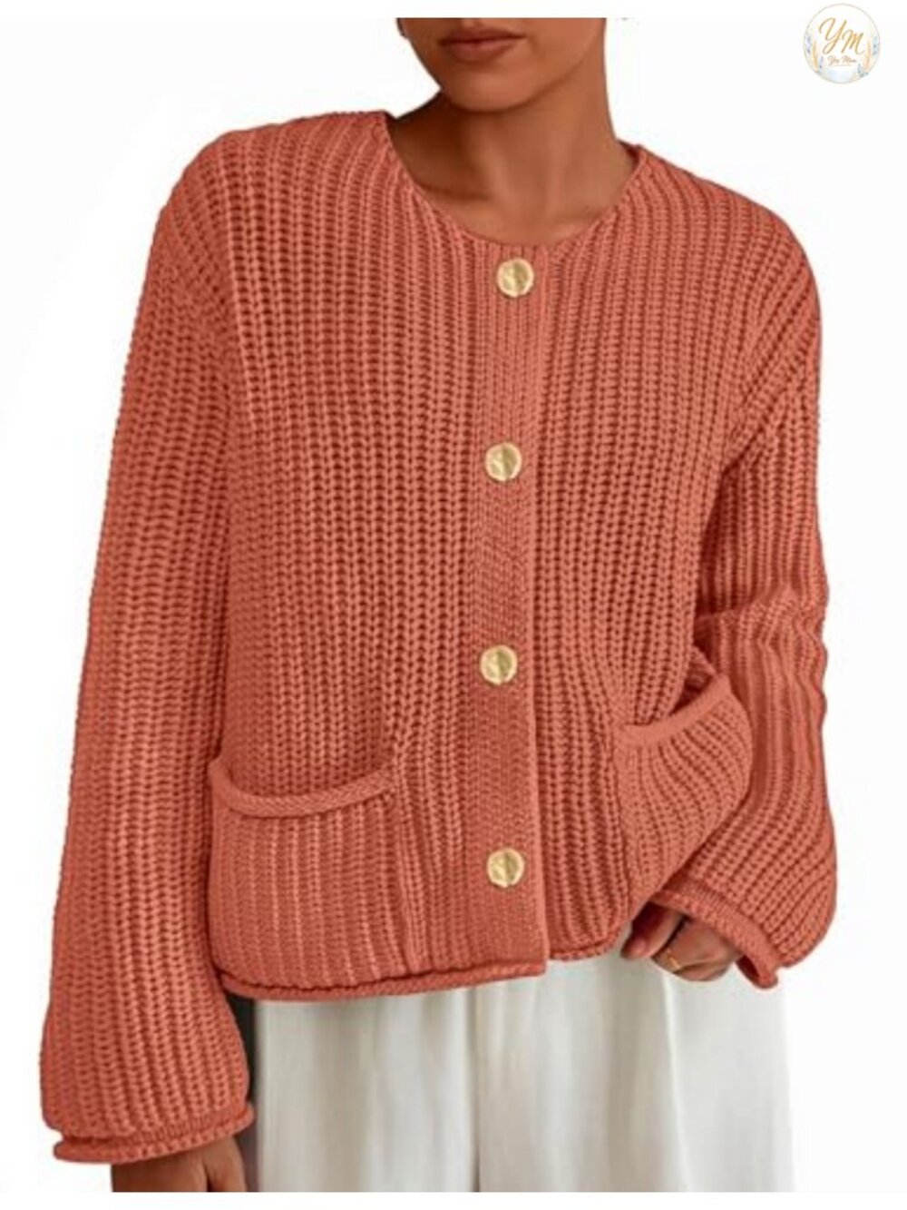Oversized Chunky Knit Cardigan Sweater with Pockets & Gold Buttons